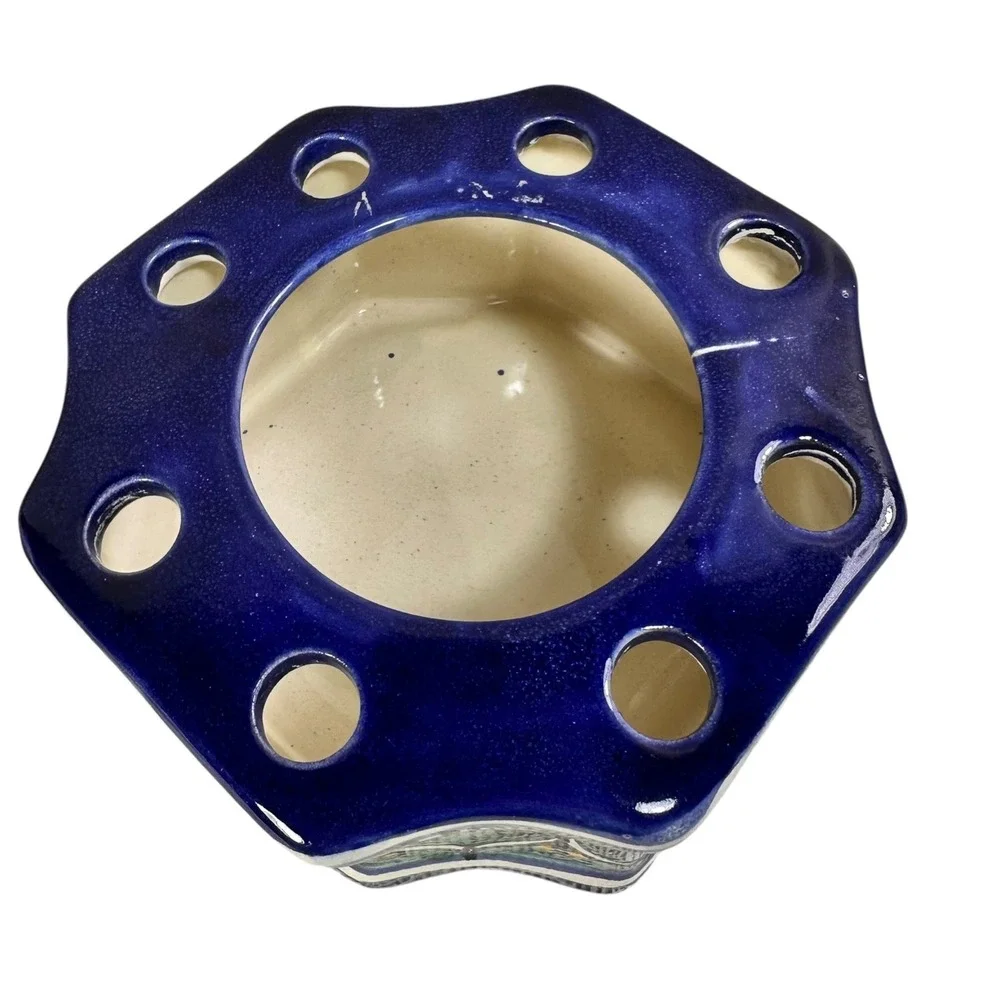 Mexican Talavera Pottery Flower Frog Octagon Ceramic Vase Hand Painted Blue